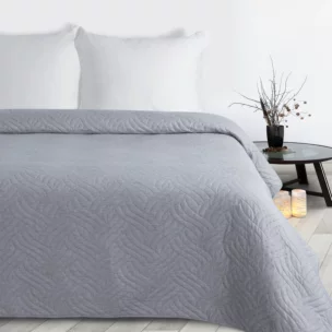 Narzuta imitująca len srebrna 200x220 cm pikowana metodą hot press w geometryczny wzór  LEN Design 91