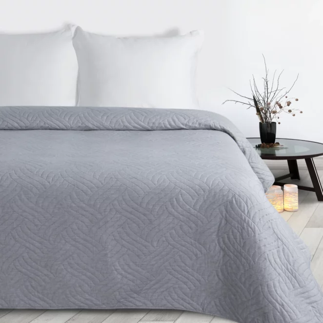 Narzuta imitująca len srebrna 200x220 cm pikowana metodą hot press w geometryczny wzór  LEN Design 91