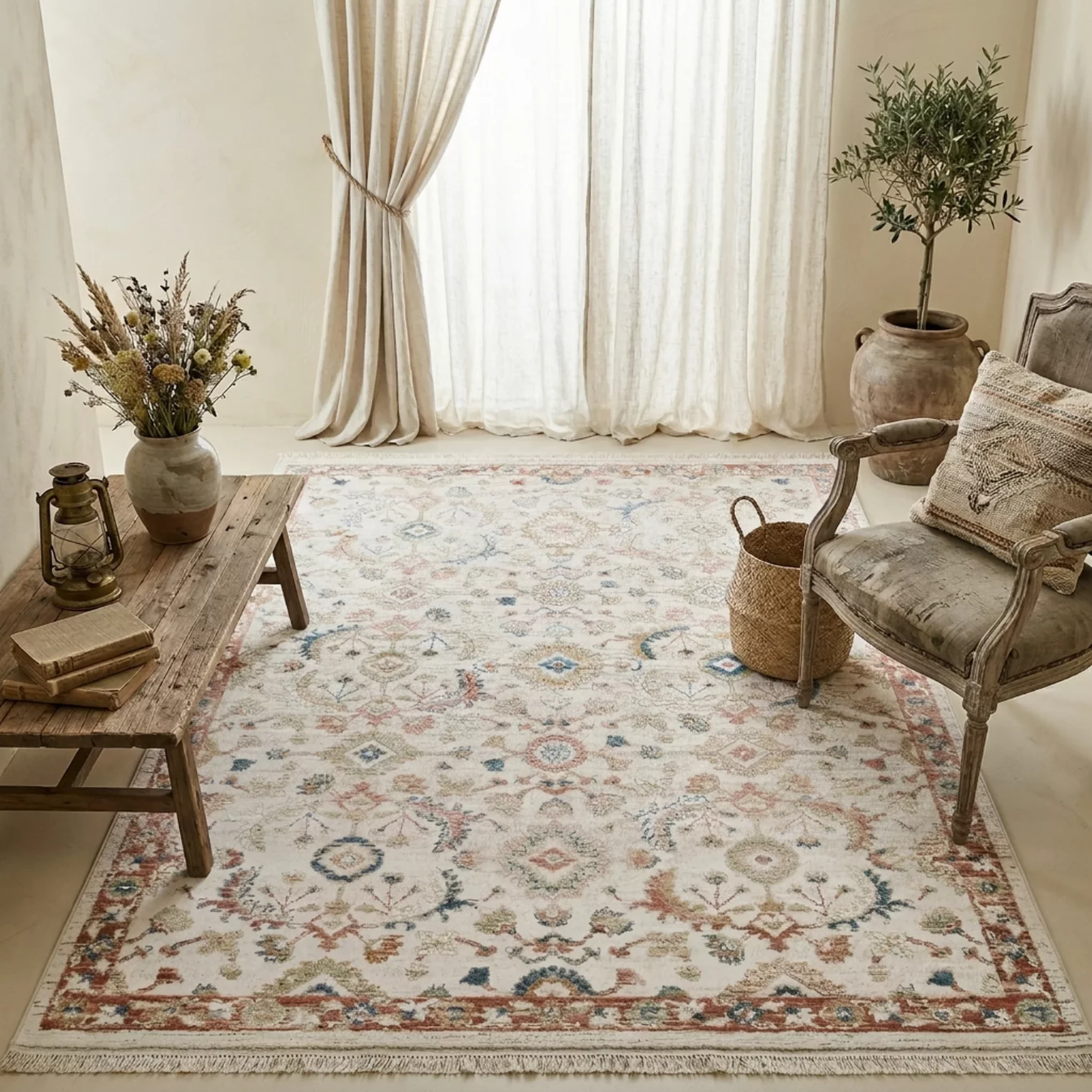 Dywan 60x100 cm kremowo, ceglasty z klasycznym motywem w stylu vintage ELORA8