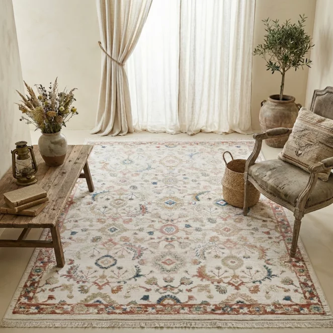 Dywan 60x100 cm kremowo, ceglasty z klasycznym motywem w stylu vintage ELORA8