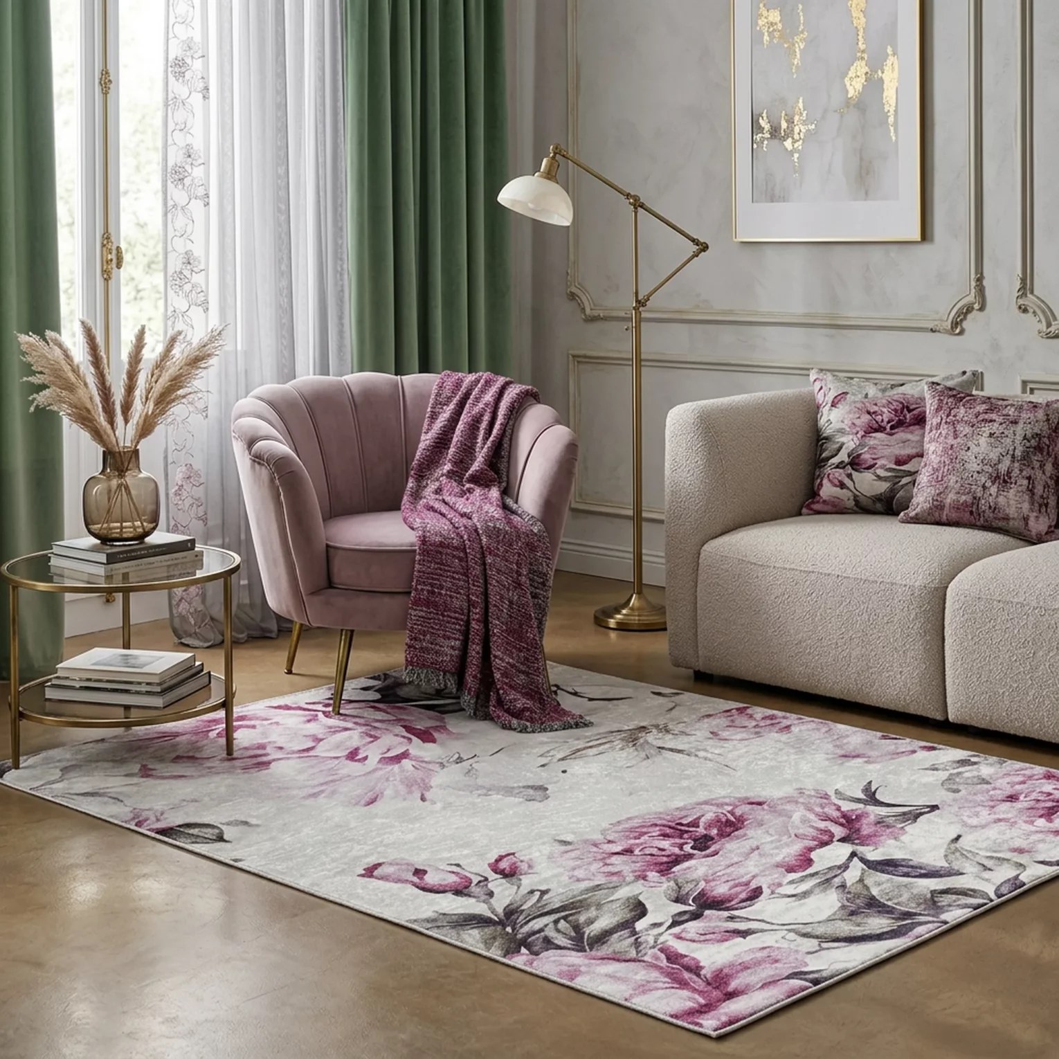 Dywan 120x160 cm różowo, kremowy z motywem kwiatu peonii LOTUS2