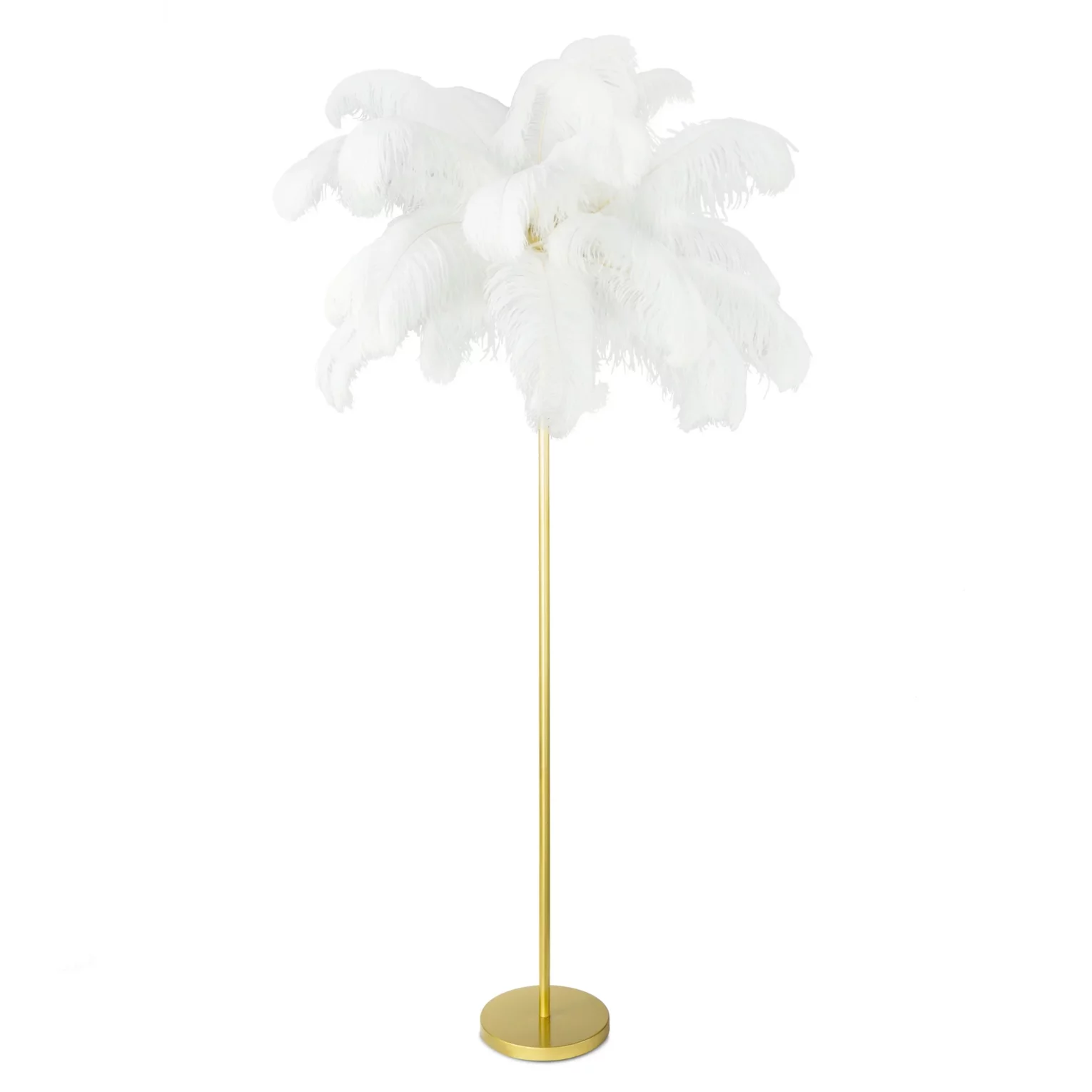 Lampa stojąca do salonu biało, złota na metalowej podstawie z efektownym abażurem z naturalnych strusich piór 95 x 95 x 180 cm FERI