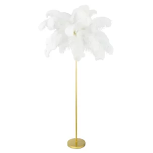 Lampa stojąca do salonu biało, złota na metalowej podstawie z efektownym abażurem z naturalnych strusich piór 95 x 95 x 180 cm FERI