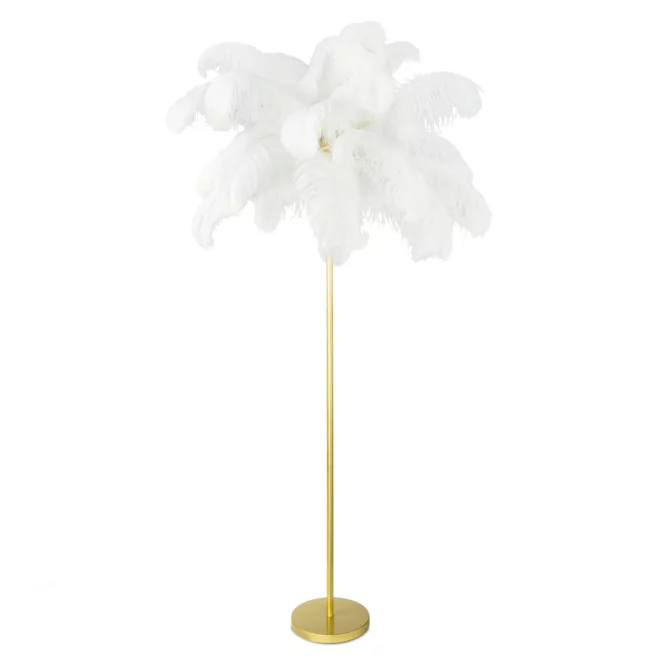 Lampa stojąca do salonu biało, złota na metalowej podstawie z efektownym abażurem z naturalnych strusich piór 95 x 95 x 180 cm FERI