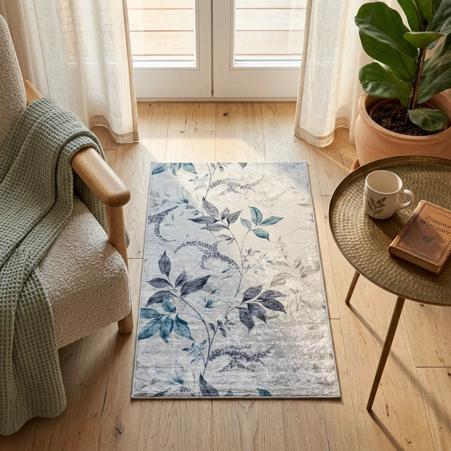 Dywan 50x80 cm kremowo, niebieski zdobiony motywem roślinnym LOTUS6