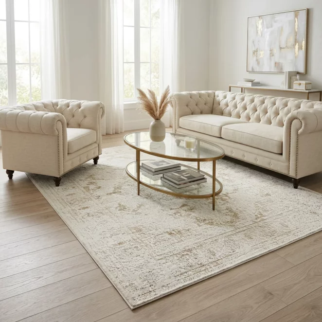 Dywan 60x100 cm kremowo, beżowy zdobiony zdobiony ornamentem NOVA4