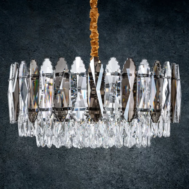 Lampa wisząca do salonu transparentno, złota  z zwisającymi kryształkami, z możliwością regulacji wysokości 60 x 150 cm NELA