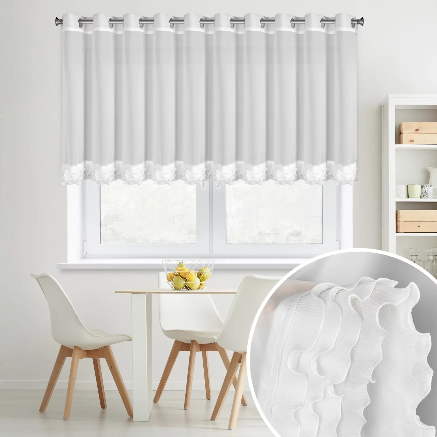 Firana biała z szyfonu zdobiona falbanką  400x80 cm przelotka - LUISA