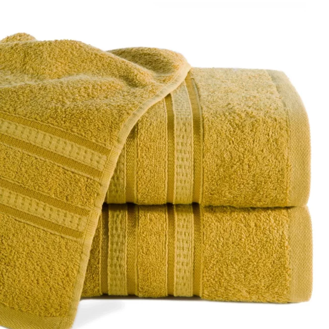 Ręcznik kąpielowy 50x90 cm bambusowy kolor musztardowy zdobiony bordiurą w pasy 500 g/m2 MILA