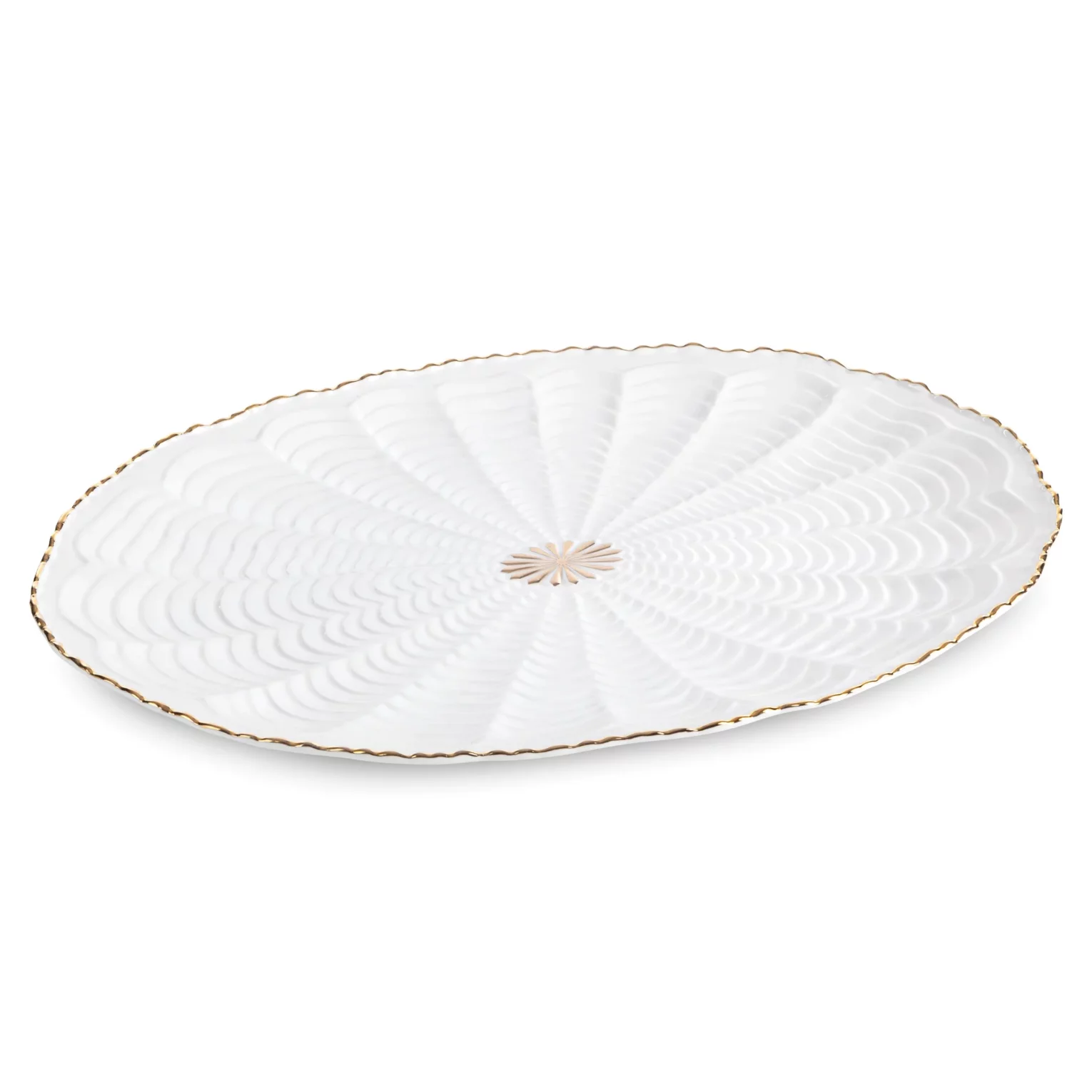 Patera ceramiczna  dekoracyjna kremowo-złota z wypukłym wzorem i złotymi akcentami 41x28x3 cm GAIA