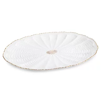 Patera ceramiczna  dekoracyjna kremowo-złota z wypukłym wzorem i złotymi akcentami 41x28x3 cm GAIA