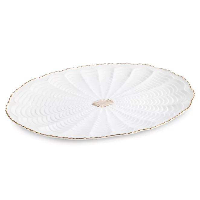Patera ceramiczna  dekoracyjna kremowo-złota z wypukłym wzorem i złotymi akcentami 41x28x3 cm GAIA