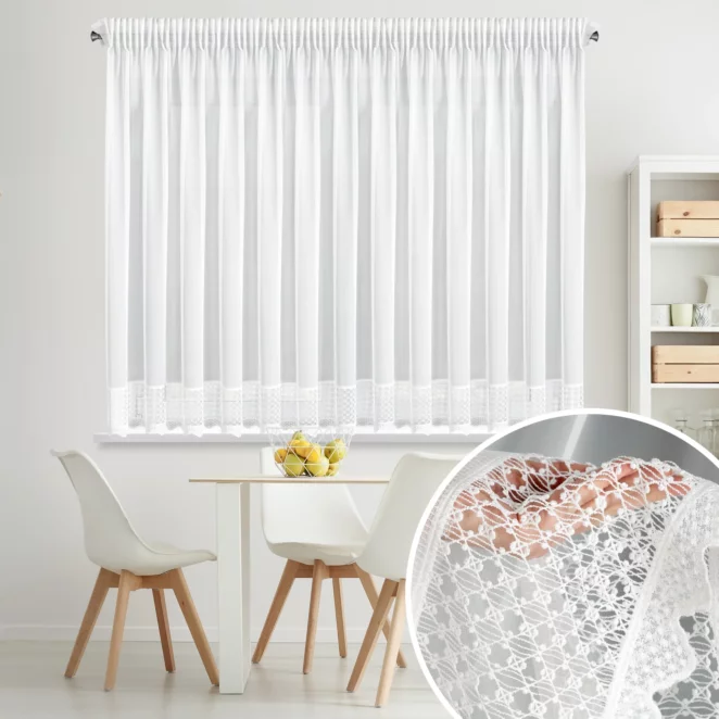 Firana biała z mikrosiateczki zdobiona ażurową koronką 350x150 cm taśma - KATRINA