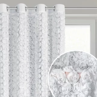Zasłona biała z szyfonu zdobiona różami 3D 140x250 cm przelotka - ROSES Eva Minge