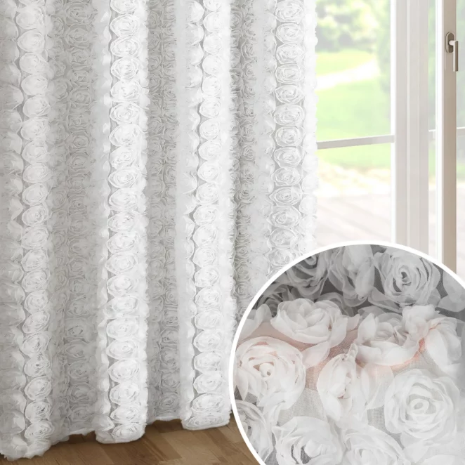Zasłona biała z siateczki zdobiona różami 3D 140x270 cm taśma - ROSES1 Eva Minge