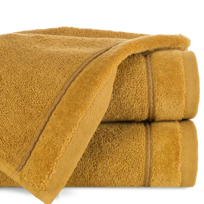 Ręcznik do rąk 30x50 cm bawełniany kolor musztardowy z kontrastującymi paseczkami 500 g/m2 SIBEL