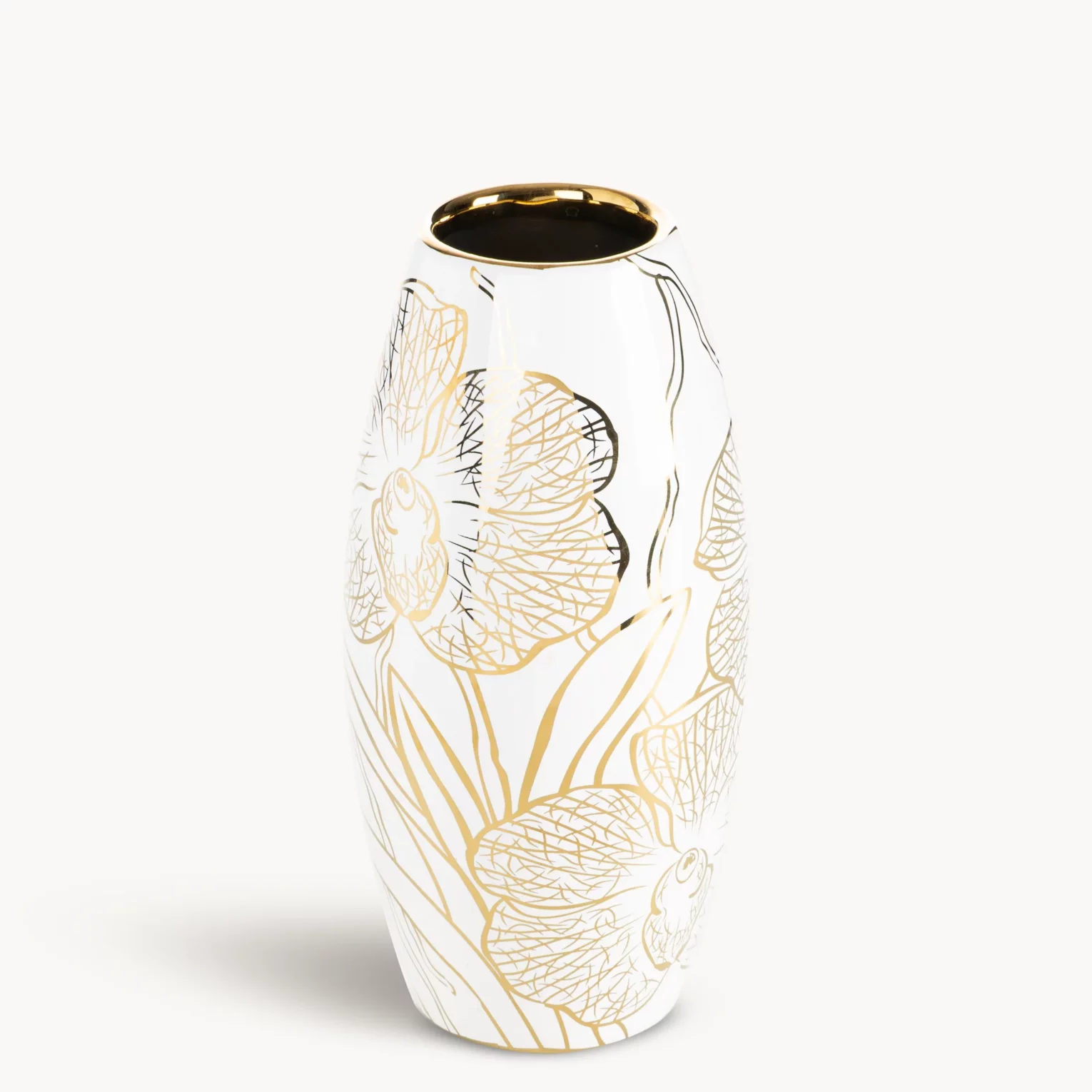 Wazon dekoracyjny biało, złoty zdobiony motywem roślinnym 12x25 cm GLEN
