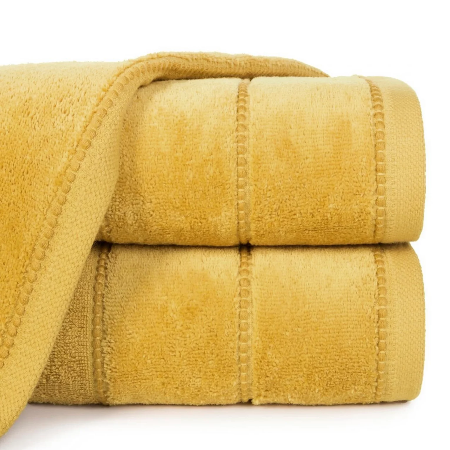 Ręcznik kąpielowy 50x90 cm bawełniany kolor musztardowy z welwetową ozdobną bordiurą 500 g/m2 MARI