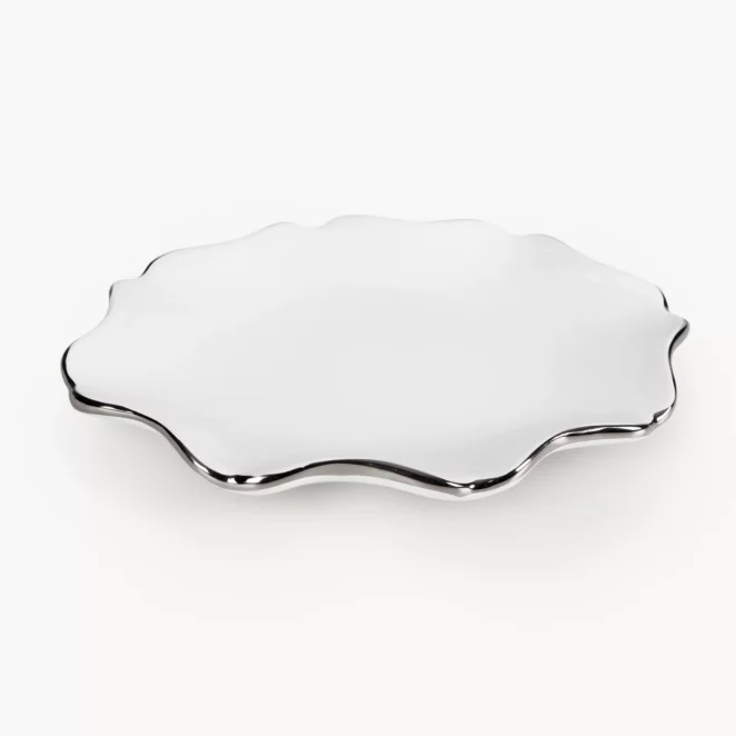 Patera ceramiczna dekoracyjna biało-srebrna z falującymi brzegami 20x15x3 cm AUREN 3
