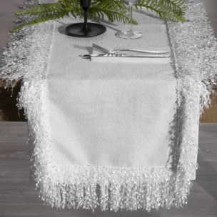 Bieżnik na stół biały 40x140 cm TINA zdobiony puszystymi frędzlami EUROFIRANY PREMIUM