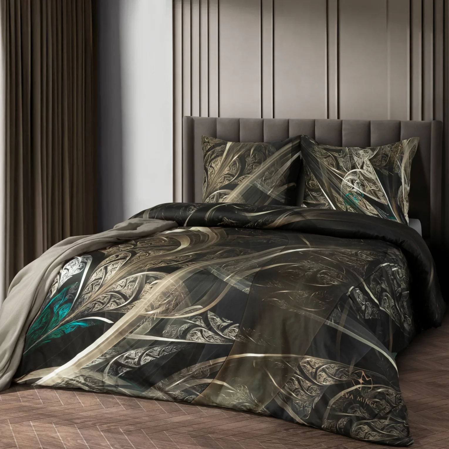 Pościel bawełniana z makosatyny 160x200 cm komplet 3 częściowy  kolor czarny, złoty z designerskim wzorem SOREIA Eva Minge