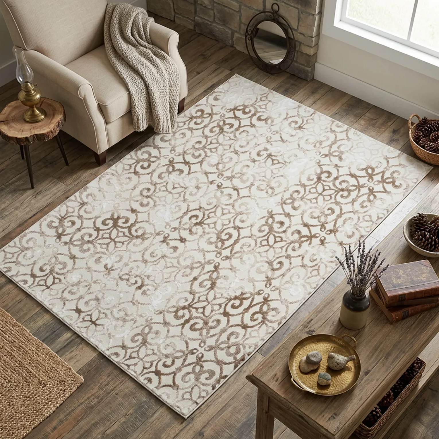 Dywan 120x170 cm kremowo, beżowy zdobiony ornementowym wzorem MILAN2