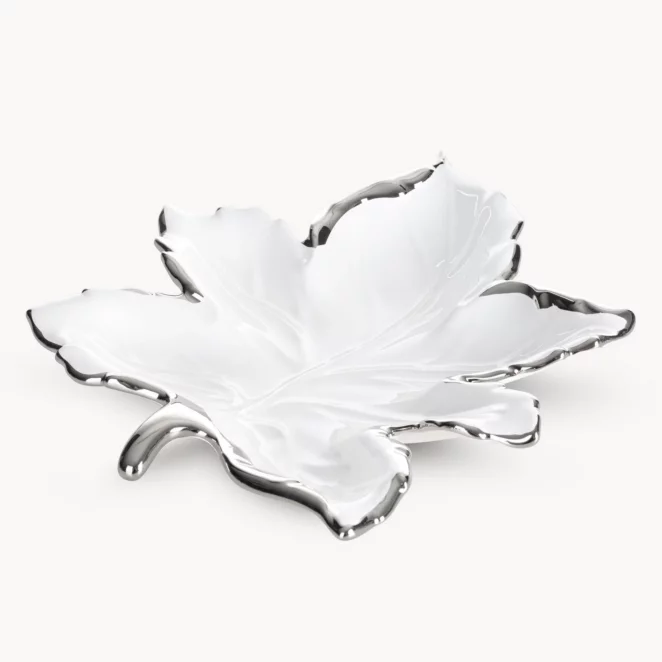Patera ceramiczna biało-srebrna w kształcie liścia 28x30x5 cm ABBI
