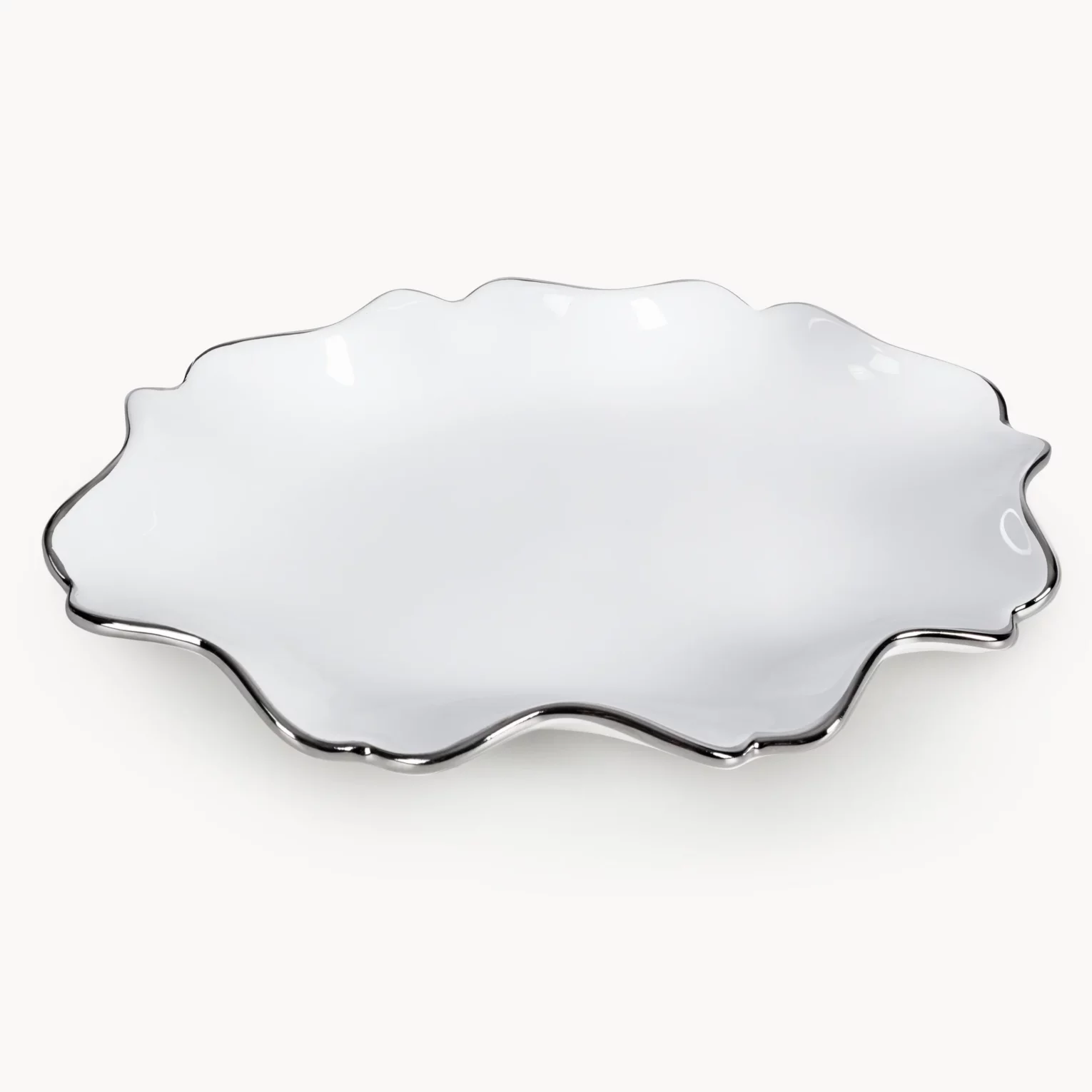 Patera ceramiczna dekoracyjna biało-srebrna o prostokątnym kształcie z efektem przecieranego  drzewa 30x16x3 cm AUREN