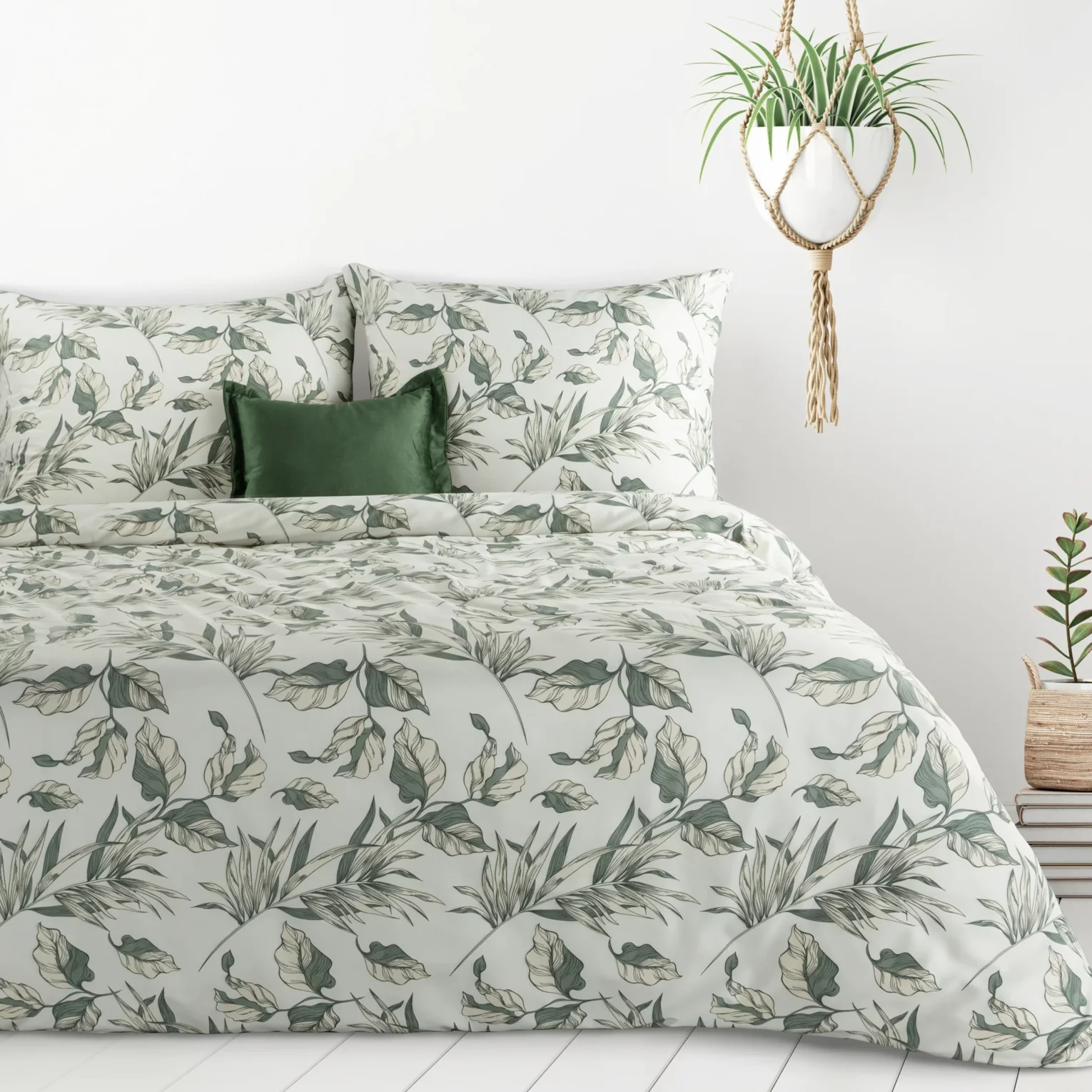 Pościel 140x200 cm komplet 2 częściowy kolor zielono, biały z motywem liści DONNA Design 91