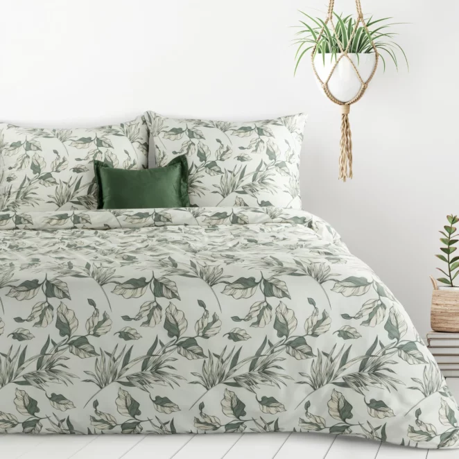 Pościel 140x200 cm komplet 2 częściowy kolor zielono, biały z motywem liści DONNA Design 91