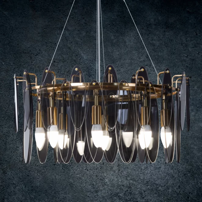 Lampa wisząca do salonu transparentno, grafitowa ze szklanymi zawieszkami z dymionego szkła, z regulacją wysokości 60 x150 cm MARLA