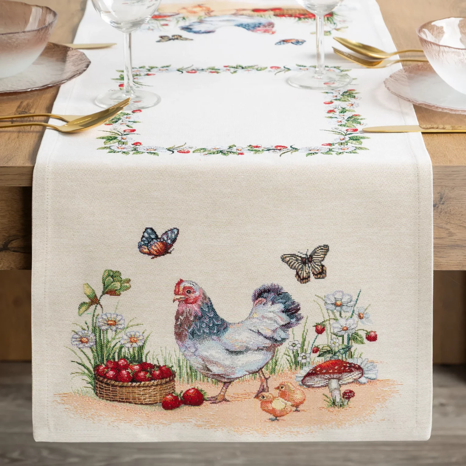 Bieżnik na stół naturalno, zielony 40x100 cm gobelinowy z motywem wiejskim