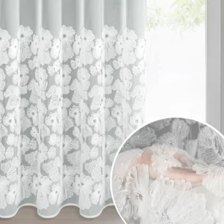 Firana biała z siateczki zdobiona kwiatami z dodatkiem drobnych perełek 3D 140x250 cm przelotka - JASMIN 2 Eva Minge