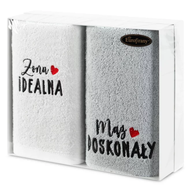 Zestaw ręczników bawełnianych na prezent 2 szt 70x140 cm kolor biały, srebrny z haftem ŻONA MĄŻ