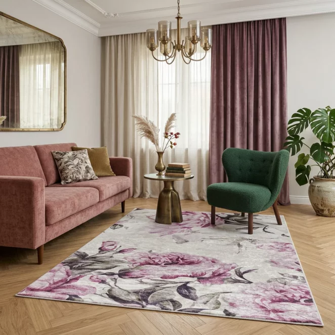 Dywan 160x220 cm różowo, kremowy z motywem kwiatu peonii LOTUS2