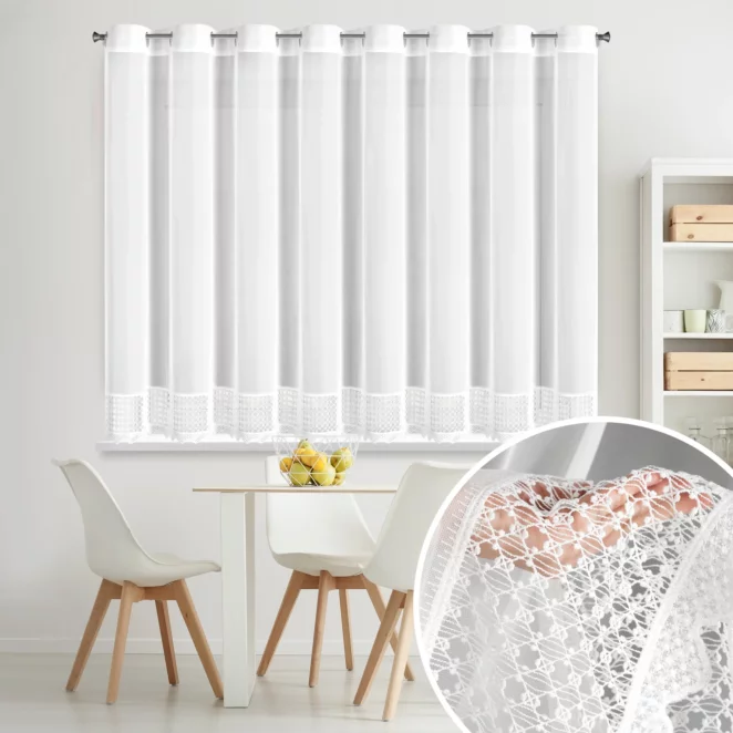 Firana biała z mikrosiateczki zdobiona ażurową koronką 350x150 cm przelotka - KATRINA