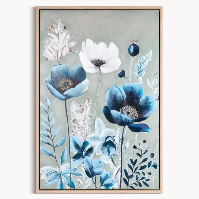 Obraz niebiesko, biały nadruk na płótnie w kwiaty 60x90 cm