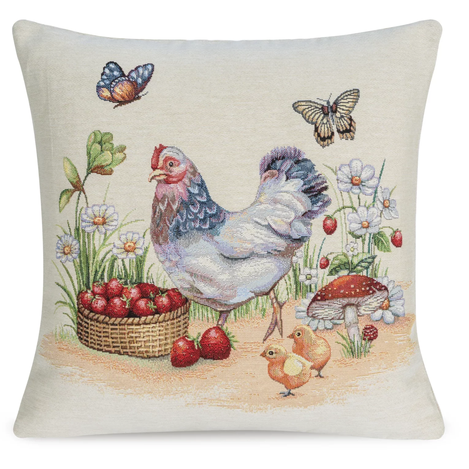 Poszewka na poduszkę 45x45 cm gobelinowa naturalno czerwona z tkanym motywem kury