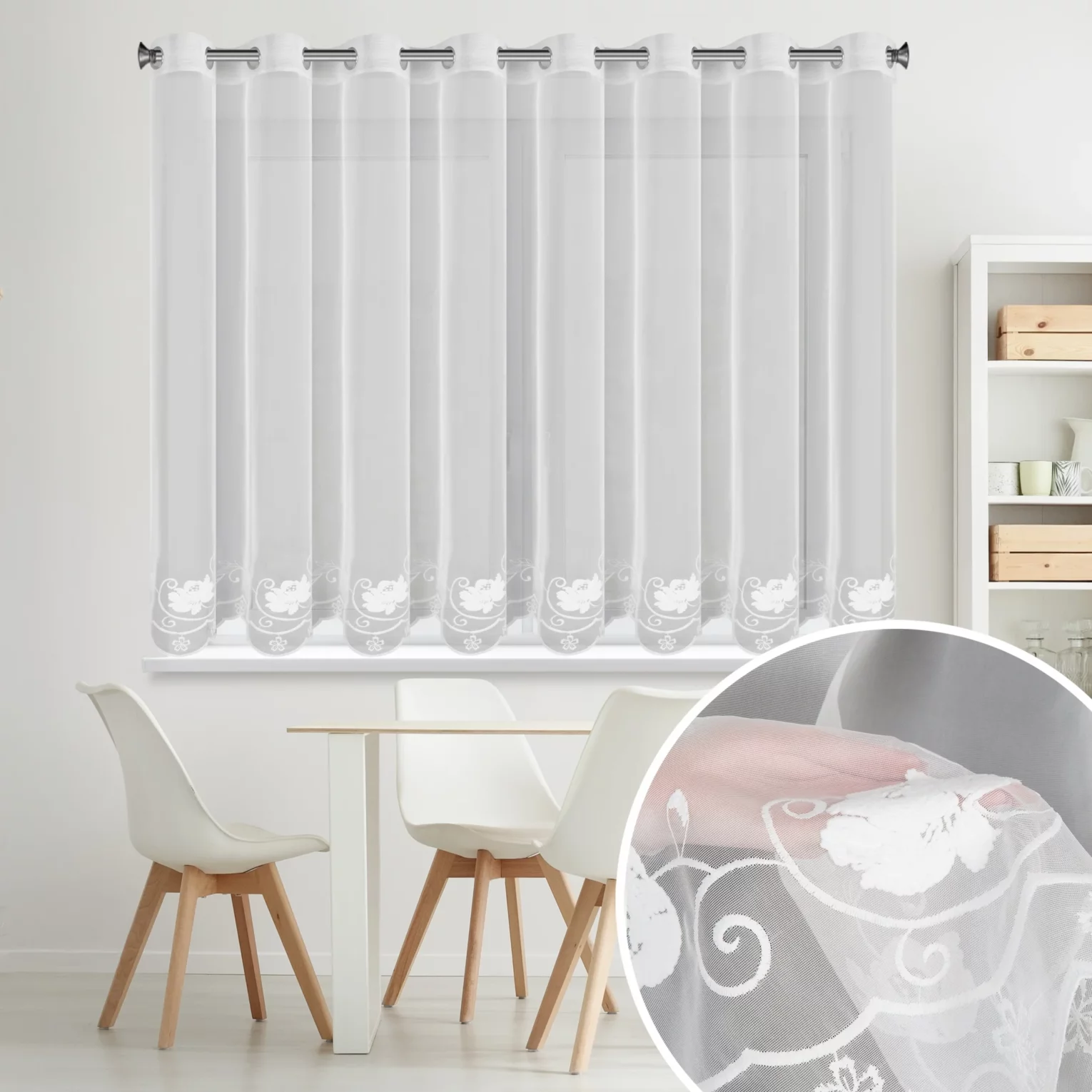 Firana biała z drobnej siateczki zdobiona subtelnym haftem 350x160 cm przelotki - LETI