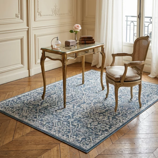 Dywan 60x100 cm ciemnoniebiesko, kremowy z wzorem ornamentu ELORA6