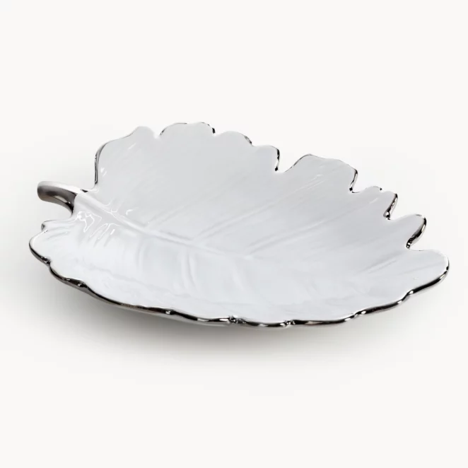 Patera ceramiczna dekoracyjna biało-srebrna w kształcie liścia 20x15x4 cm ALMA 3