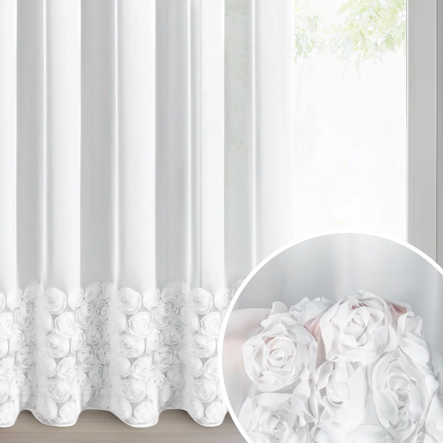 Firana biała z szyfonu zdobiona aplikacją 3D w róże 350x250 cm przelotka - ROSES - Eva Minge