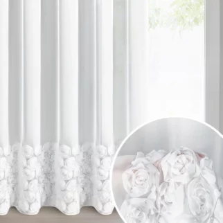 Firana biała z szyfonu zdobiona aplikacją 3D w róże 350x250 cm przelotka - ROSES - Eva Minge