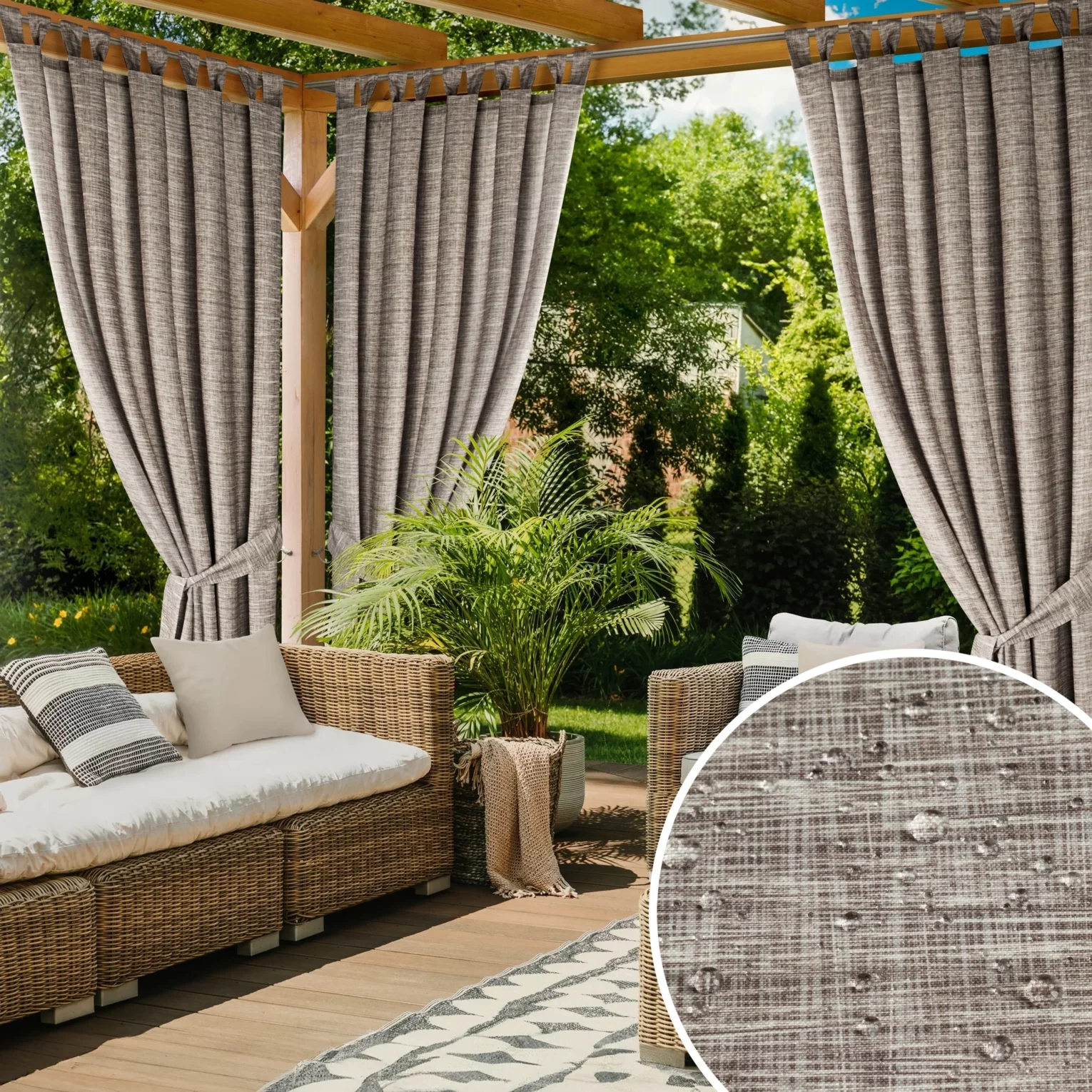 Zasłona brązowo, kremowa z wodoodpornej tkaniny idealna do ogrodu i na taras 155x240 cm szelki/rzep - GARDEN