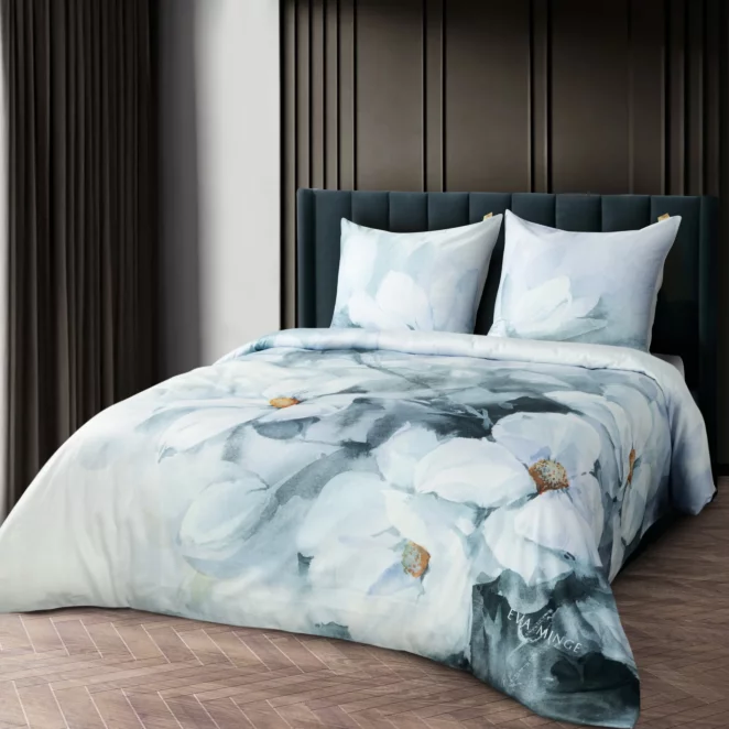 Pościel bawełniana z makosatyny 160x200 cm komplet 3 częściowy kolor miętowy, kremowy z wzorem designerskim BLOOM Eva Minge