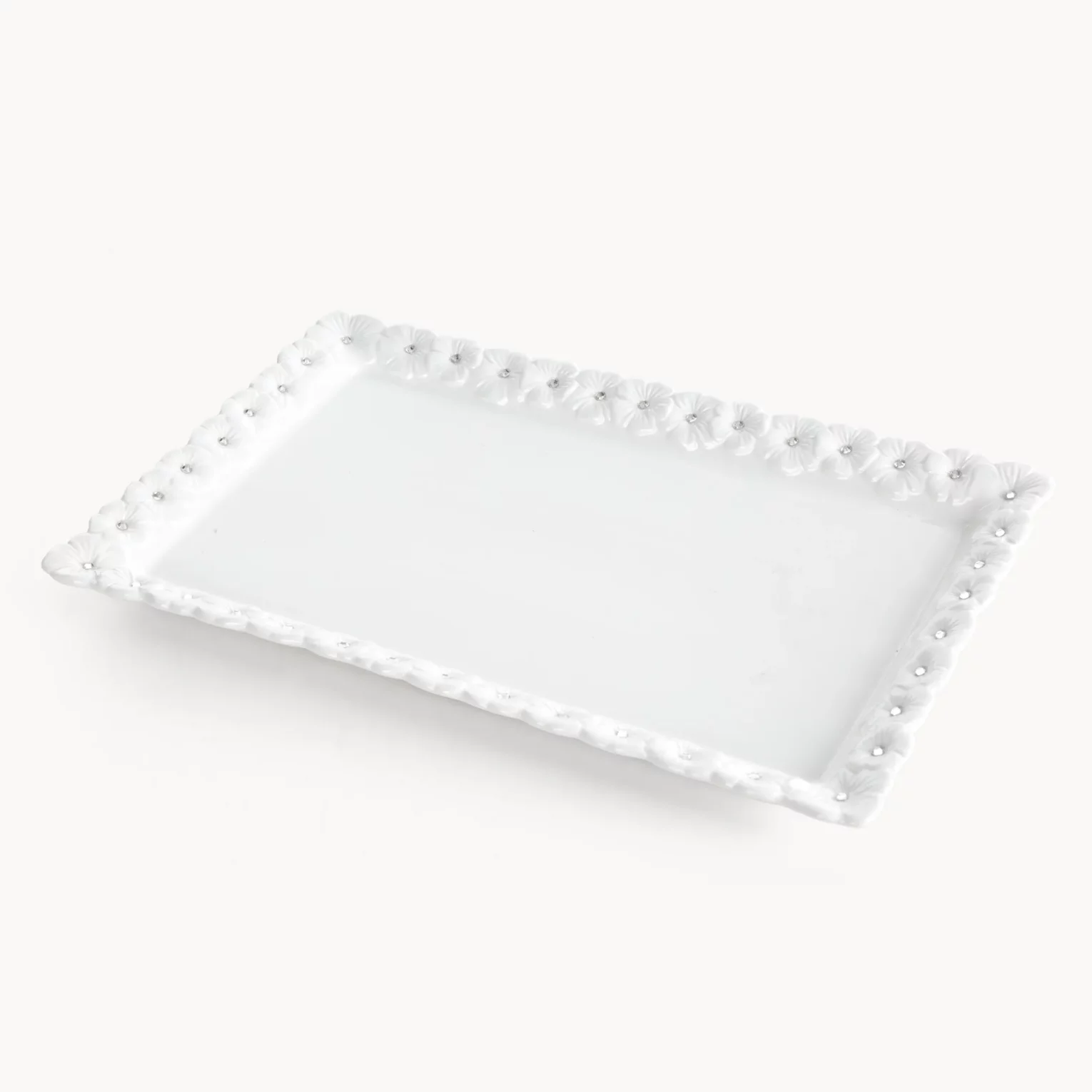 Patera dekoracyjna biała zdobiona w drobne kwiaty z błyszczącym wykończeniem 30x19x3 cm ELISA