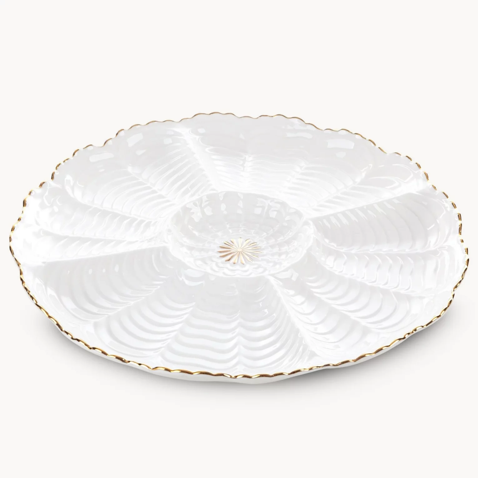 Patera ceramiczna  dekoracyjna kremowo-złota z wypukłym wzorem i złotymi akcentami średnica 28x3 cm GAIA