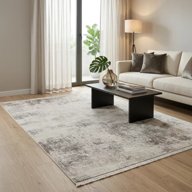 Dywan 60x100 cm kremowo, stalowy zdobiony przecieranym wzorem HAVAI3