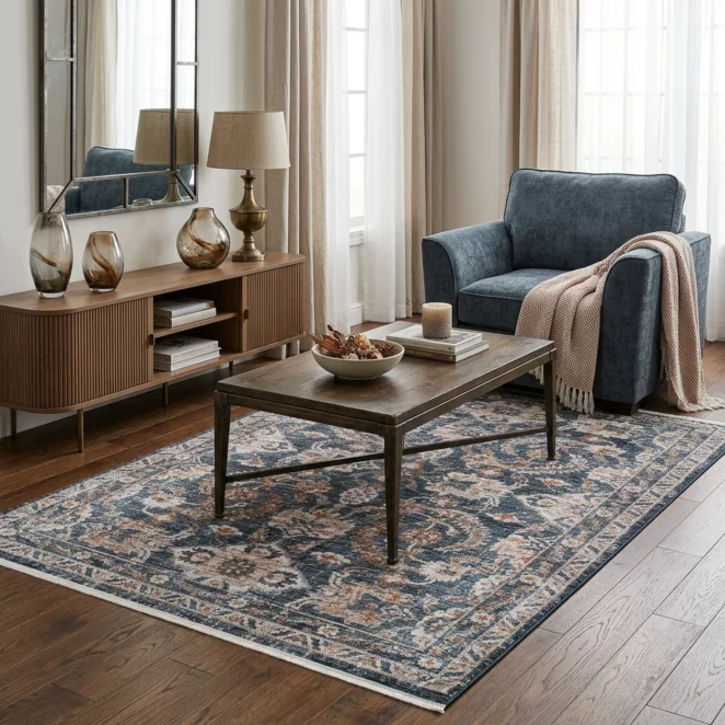 Dywan 80x150 cm ciemnoniebiesko, beżowy z klasycznym ornamentowym wzorem HAWAI2