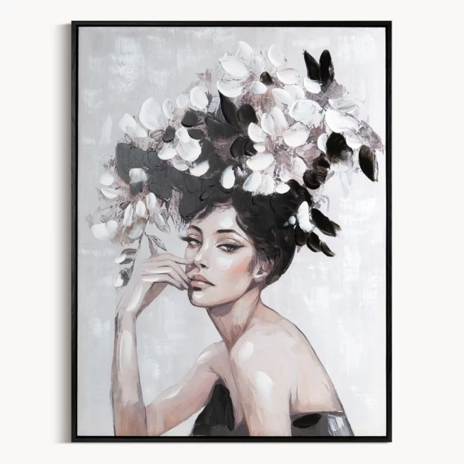 Obraz kremowo, czarny ręcznie malowanej kobiety z kwiatami na płótnie 60x80 cm